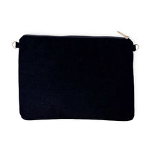 Load image into Gallery viewer, Back view of the navy blue Hanukkah pouch with a solid fabric finish and gold hardware.
