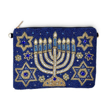 Load image into Gallery viewer, Blue and gold hand-beaded Hanukkah pouch featuring a sparkling menorah and Star of David designs