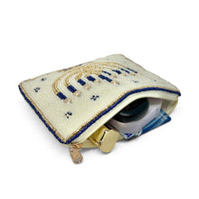 Load image into Gallery viewer, Open beaded Hanukkah pouch showing the spacious interior and gold zipper.