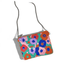 Load image into Gallery viewer, Statement beaded cosmetic bag featuring a cheerful multicolor flower motif and intricate handcrafted detailing.