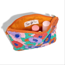 Load image into Gallery viewer, Handcrafted beaded zip pouch adorned with vibrant multicolor blooms and sequined floral accents.