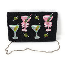 Load image into Gallery viewer, Handmade beaded evening bag featuring cocktail and olive pattern