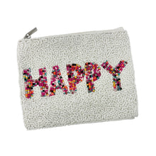Load image into Gallery viewer, white textured pouch with &#39;HAPPY&#39; in colorful letters on a white background