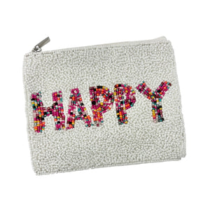 white textured pouch with 'HAPPY' in colorful letters on a white background