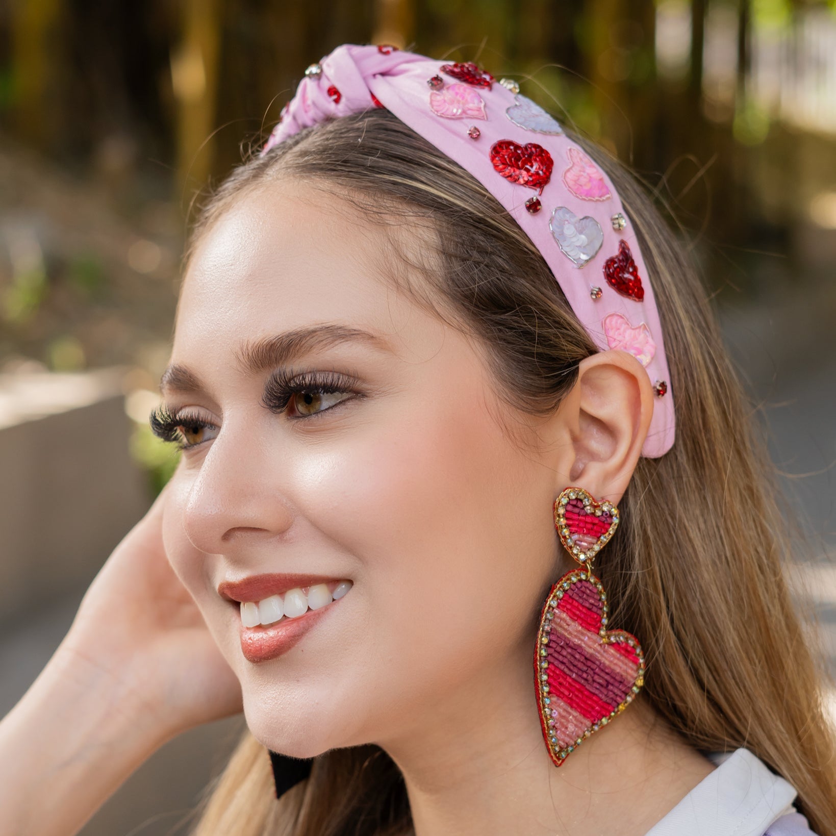 Valentine\'s Day Headband Women Pink Red Sequin Knot Love Heart Earrings Gift Valentine main image 3