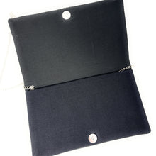 Load image into Gallery viewer, Chic black envelope-style beaded handbag with pink statement lettering, perfect for parties and special occasions.