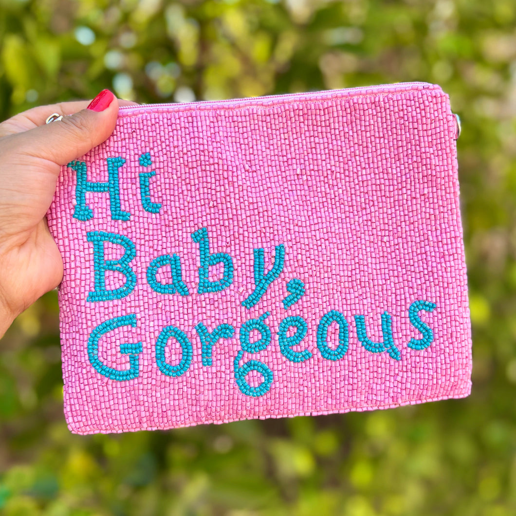 Hi baby gorgeous large Purse Pouch, Beaded Large Purse, RHOSLC gifts, Pouches, Real Housewives of Salt Lake City Gift, beaded pouch zipper, Girls trip gifts, beaded coin purse, pink beaded pouch, birthday gifts, cute pouches, batch gifts, boho pouch, the real housewives of Salt Lake city accessories, best friend gifts, Hey baby gorgeous, girlfriend gift, miscellaneous gifts, best friend birthday gift, gift card bag, Bachelorette gifts, Bachelorette party favors, Bravo bachelorette, best selling items
