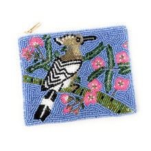Load image into Gallery viewer, Hand Beaded purse pouch with a hoopoe bird design. Features a brown bird with black and white stripes perched on a branch, surrounded by pink flowers on a blue background.
