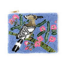 Load image into Gallery viewer, Hand Beaded purse pouch with a hoopoe bird design. Features a brown bird with black and white stripes perched on a branch, surrounded by pink flowers on a blue background.
