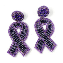 Load image into Gallery viewer, Purple awareness ribbon dangle earrings with intricate bead embroidery, rhinestone details, and coordinating floral-inspired studs.
