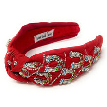 Load image into Gallery viewer, headband for women, red beaded Knot headband, bead headbands for women, birthday headbands, top knot headband, beaded top knot headband, Horseshoe knot headband, Derby hair band, Derby Kentucky headbands, Kentucky Derby headband, statement headbands, Derby top knotted headband, knotted headband, party headbands, Kentucky Derby knot headband, Horseshoe headbands, star embellished headband, gemstone knot headband, luxury headband, Kentucky Derby fan accessories, Kentucky Derby jeweled knot headband, 
