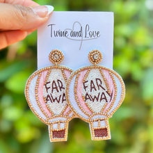 Load image into Gallery viewer, Beaded hot air balloon earrings in pink and cream with “Far Away” text