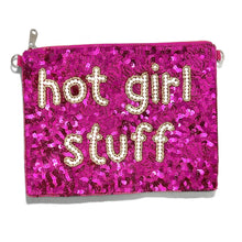 Load image into Gallery viewer, Hot pink sequin pouch featuring the phrase “hot girl stuff” in pearl bead lettering, perfect for makeup and travel essentials.