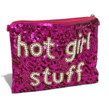 Load image into Gallery viewer, Glamorous hot pink cosmetic bag adorned with sequins and pearl bead embroidery, featuring a fun “hot girl stuff” design.