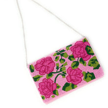 Load image into Gallery viewer, Handmade floral statement clutch adorned with intricate beadwork, showcasing vibrant pink flowers and botanical details.
