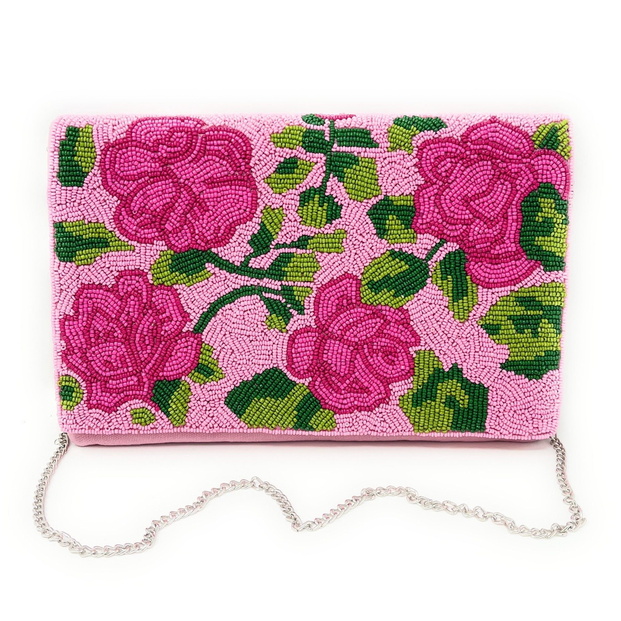 Hand Beaded Pink Clutch, Roses Seed Bead Clutch Bag, Floral Beaded Clutch