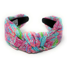 Load image into Gallery viewer, headband for women, pink blue knot headband, headbands for women, coral reef headband, multicolor headband, colorful top knot headband, seashell top knot headband, coral reef knot headband, summer hairband, trendy headbands, handmade headbands, pink top knotted headband, knotted headband, custom headband, fashion headbands, handmade headband, sea headband, vacation headband, resort headband, handmade gifts, headband for women, best selling items, resort style, resort accessories