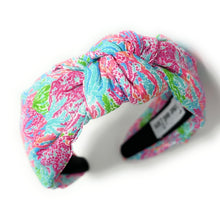 Load image into Gallery viewer, headband for women, pink blue knot headband, headbands for women, coral reef headband, multicolor headband, colorful top knot headband, seashell top knot headband, coral reef knot headband, summer hairband, trendy headbands, handmade headbands, pink top knotted headband, knotted headband, custom headband, fashion headbands, handmade headband, sea headband, vacation headband, resort headband, handmade gifts, headband for women, best selling items, resort style, resort accessories