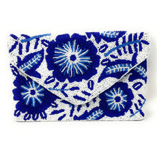 Load image into Gallery viewer, Floral beaded clutch purse, blue white bead purse, beaded bag, tropical handbag, beaded bag, floral seed bead clutch, birthday gift for her, clutch bag, seed bead purse, engagement gift, party clutches, floral purse, gifts to bride, wedding gift, evening bags, Summer beaded clutch purse, birthday gift for her, summer clutch, blue white clutch purse, beaded bag, summer bag, boho purse, blue beaded clutch purse, unique bags, best selling items, handmade gifts, handmade bag purse, white blue clutch purse