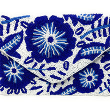 Load image into Gallery viewer, Floral beaded clutch purse, blue white bead purse, beaded bag, tropical handbag, beaded bag, floral seed bead clutch, birthday gift for her, clutch bag, seed bead purse, engagement gift, party clutches, floral purse, gifts to bride, wedding gift, evening bags, Summer beaded clutch purse, birthday gift for her, summer clutch, blue white clutch purse, beaded bag, summer bag, boho purse, blue beaded clutch purse, unique bags, best selling items, handmade gifts, handmade bag purse, white blue clutch purse