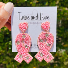 Load image into Gallery viewer, Pink ribbon Beaded Earrings, beaded pink Earrings, Pink Earrings, cancer awareness Beaded Earrings, pink ribbon earrings, white star lover bead earrings, hot pink beaded earrings, cancer awareness earrings, Beaded earrings, breast cancer ribbon earrings, star seed bead earrings, star accessories, summer accessories, spring summer earrings, gifts for mom, best friend gifts, birthday gifts, star earrings, pink beaded earrings, cancer awareness accessories, pink ribbon earrings