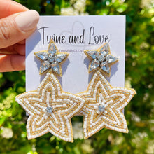 Load image into Gallery viewer, gold star Beaded Earrings, beaded gold white Earrings, gold star Earrings, star love Beaded Earrings, white gold star earrings, white star lover bead earrings, hot pink beaded earrings, lemon earrings, Beaded earrings, lemon Love bead earrings, star seed bead earrings, star accessories, summer accessories, spring summer earrings, gifts for mom, best friend gifts, birthday gifts, star earrings, stars beaded earrings, star earrings accessory, gold white earrings, summer beaded earrings, cute earrings