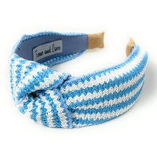 Load image into Gallery viewer, headband for woman, fashion headbands, blue raffia knot headband, woven headbands for women, stylish headbands, raffia headband style, top knot headband, woven top knot headband, blue white headband, raffia hair band, blue white raffia headband, raffia woven headband, women top knot headband, best selling items, sky blue knot headband, woven top knot headband, handmade headbands, top knotted headband, knotted headband, boho headband, summer headband, blue color headband, resort headband