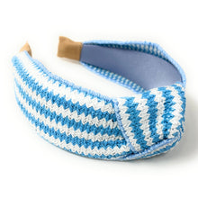 Load image into Gallery viewer, headband for woman, fashion headbands, blue raffia knot headband, woven headbands for women, stylish headbands, raffia headband style, top knot headband, woven top knot headband, blue white headband, raffia hair band, blue white raffia headband, raffia woven headband, women top knot headband, best selling items, sky blue knot headband, woven top knot headband, handmade headbands, top knotted headband, knotted headband, boho headband, summer headband, blue color headband, resort headband