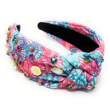 Load image into Gallery viewer, Summer Knot headband, beach knot headband, seashell knotted headband, vacation accessories, multicolor top knot headband, pink blue headband, resort headband, blue pink color hair band, seashell fabric headband, baby shower headband, multi color knotted headband, beach hair accessories, summer accessories, summer accessories, vacation headband, summer top knot headband, custom headband, handmade headbands, beach knotted headband, best selling items, jeweled headband, handmade gifts