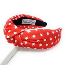 Load image into Gallery viewer, Americana Knot Headband, Patriotic Knotted Headband, Star Knotted Headband, Americana Hair Accessories, Red White Headband, Best Seller, headbands for women, best selling items, knotted headband, hairbands for women, hair accessories, Independence day gifts, Independence day Headband, Memorial day hair accessories, American Knot headband, USA flag headband, Fourth of July headband, Fourth of July gifts, red white headband, star knot headband, USA Knotted Headband