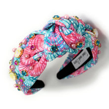 Load image into Gallery viewer, Summer Knot headband, beach knot headband, seashell knotted headband, vacation accessories, multicolor top knot headband, pink blue headband, resort headband, blue pink color hair band, seashell fabric headband, baby shower headband, multi color knotted headband, beach hair accessories, summer accessories, summer accessories, vacation headband, summer top knot headband, custom headband, handmade headbands, beach knotted headband, best selling items, jeweled headband, handmade gifts