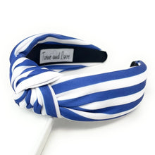 Load image into Gallery viewer, blue white headband, Patriotic Knotted Headband, blue Knotted Headband, Americana Hair Accessories, blue White Headband, Best Seller, headbands for women, best selling items, stripe knotted headband, hairbands for women, hair accessories, Independence day gifts, Independence day Headband, Memorial day hair accessories, American Knot headband, USA flag headband, Fourth of July headband, Fourth of July gifts, blue white headband, stripe knot headband, USA Knotted Headband