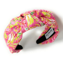 Load image into Gallery viewer, headband for women, pink yellow knot headband, headbands for women, tropical headband, multicolor headband, colorful top knot headband, pink yellow top knot headband, pink yellow knot headband, summer hairband, trendy headbands, handmade headbands, pink top knotted headband, knotted headband, custom headband, fashion headbands, handmade headband, sea headband, vacation headband, resort headband, handmade gifts, headband for women, best selling items, resort style, resort accessories