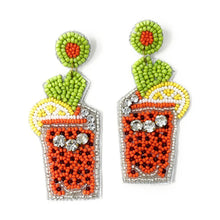 Load image into Gallery viewer, bloody mary beaded Earrings, beaded bloody mary Earrings, bloody mary Earrings, orange Beaded Earrings, vacation earrings, resort earrings, bachelorette beaded earrings, drink earrings, unique earrings, bloody mary seed bead earrings, bejeweled accessories, resort accessories, resort beaded earrings, gifts for mom, best friend gifts, birthday gifts, multicolor earrings, fancy earrings accessory, summer earrings, boho earrings, fancy rhinestone earrings, rhinestone earrings, embellished earrings