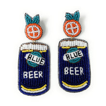 Load image into Gallery viewer, blue beer beaded Earrings, beaded blue moon Earrings, blue moon Earrings, beer Beaded Earrings, vacation earrings, resort earrings, bachelorette beaded earrings, drink earrings, unique earrings, blue moon seed bead earrings, bejeweled accessories, resort accessories, resort beaded earrings, gifts for mom, best friend gifts, birthday gifts, blue earrings, fancy earrings accessory, summer earrings, boho earrings, fancy rhinestone earrings, rhinestone earrings, embellished earrings