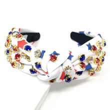 Load image into Gallery viewer, Americana Jeweled Headband, Patriotic Knotted Headband, Star Knotted Headband, Americana Hair Accessories, Red White Headband, Best Seller, headbands for women, best selling items, knotted headband, hairbands for women, hair accessories, Independence day gifts, Independence day Headband, Memorial day hair accessories, American headband, USA flag headband, Fourth of July headband, Fourth of July gifts, red white headband, star knot headband, Jeweled headband, USA Jeweled headband, USA Headband