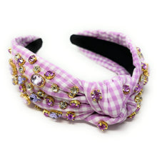 Load image into Gallery viewer, gingham Knot headband, purple knot headband, lilac knotted headband, purple color accessories, lavender knot headband, game day headband, baby purple headband, light purple color hair band, purple gingham headbands, baby shower headband, white and purple knotted headband, baby shower knotted headband, game day hair accessories, light purple accessories, gingham headband, spring headband, Easter accessories, custom headband, handmade headbands, Easter knotted headband, best selling items