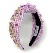 Load image into Gallery viewer, gingham Knot headband, purple knot headband, lilac knotted headband, purple color accessories, lavender knot headband, game day headband, baby purple headband, light purple color hair band, purple gingham headbands, baby shower headband, white and purple knotted headband, baby shower knotted headband, game day hair accessories, light purple accessories, gingham headband, spring headband, Easter accessories, custom headband, handmade headbands, Easter knotted headband, best selling items