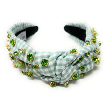 Load image into Gallery viewer, gingham Knot headband, light green knot headband, green knotted headband, mint color accessories, green knot headband, game day headband, game day knotted headband, baby green headband, mint color hair band, mint gingham headbands, baby shower headband, white and green knotted headband, baby shower knotted headband, game day hair accessories, light green accessories, gingham headband, spring headband, Easter accessories, custom headband, handmade headbands, Easter knotted headband, best selling items