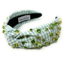 Load image into Gallery viewer, gingham Knot headband, light green knot headband, green knotted headband, mint color accessories, green knot headband, game day headband, game day knotted headband, baby green headband, mint color hair band, mint gingham headbands, baby shower headband, white and green knotted headband, baby shower knotted headband, game day hair accessories, light green accessories, gingham headband, spring headband, Easter accessories, custom headband, handmade headbands, Easter knotted headband, best selling items