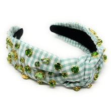 Load image into Gallery viewer, gingham Knot headband, light green knot headband, green knotted headband, mint color accessories, green knot headband, game day headband, game day knotted headband, baby green headband, mint color hair band, mint gingham headbands, baby shower headband, white and green knotted headband, baby shower knotted headband, game day hair accessories, light green accessories, gingham headband, spring headband, Easter accessories, custom headband, handmade headbands, Easter knotted headband, best selling items