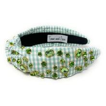 Load image into Gallery viewer, gingham Knot headband, light green knot headband, green knotted headband, mint color accessories, green knot headband, game day headband, game day knotted headband, baby green headband, mint color hair band, mint gingham headbands, baby shower headband, white and green knotted headband, baby shower knotted headband, game day hair accessories, light green accessories, gingham headband, spring headband, Easter accessories, custom headband, handmade headbands, Easter knotted headband, best selling items