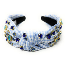 Load image into Gallery viewer, gingham Knot headband, light blue knot headband, blue knotted headband, blue color accessories, light blue knot headband, game day headband, game day knotted headband, baby blue headband, light blue hair band, blue gingham headbands, baby shower headband, white and blue knotted headband, baby shower knotted headband, game day hair accessories, light blue accessories, gingham headband, spring headband, Easter accessories, custom headband, handmade headbands, Easter knotted headband, best selling items