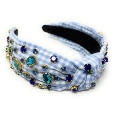 Load image into Gallery viewer, gingham Knot headband, light blue knot headband, blue knotted headband, blue color accessories, light blue knot headband, game day headband, game day knotted headband, baby blue headband, light blue hair band, blue gingham headbands, baby shower headband, white and blue knotted headband, baby shower knotted headband, game day hair accessories, light blue accessories, gingham headband, spring headband, Easter accessories, custom headband, handmade headbands, Easter knotted headband, best selling items