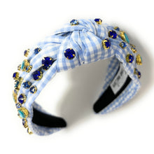 Load image into Gallery viewer, gingham Knot headband, light blue knot headband, blue knotted headband, blue color accessories, light blue knot headband, game day headband, game day knotted headband, baby blue headband, light blue hair band, blue gingham headbands, baby shower headband, white and blue knotted headband, baby shower knotted headband, game day hair accessories, light blue accessories, gingham headband, spring headband, Easter accessories, custom headband, handmade headbands, Easter knotted headband, best selling items