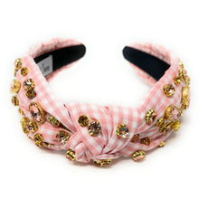 Load image into Gallery viewer, gingham Knot headband, peach knot headband, light pink knotted headband, blush color accessories, blush knot headband, game day headband, peach fuzz headband, light pink color hair band, blush gingham headbands, baby shower headband, white and orange knotted headband, baby shower knotted headband, game day hair accessories, light orange accessories, gingham headband, spring headband, Easter accessories, custom headband, handmade headbands, Easter knotted headband, best selling items