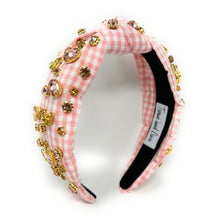 Load image into Gallery viewer, gingham Knot headband, peach knot headband, light pink knotted headband, blush color accessories, blush knot headband, game day headband, baby pink headband, light pink color hair band, blush gingham headbands, baby shower headband, white and orange knotted headband, baby shower knotted headband, game day hair accessories, light orange accessories, gingham headband, spring headband, Easter accessories, custom headband, handmade headbands, Easter knotted headband, best selling items