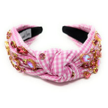 Load image into Gallery viewer, gingham Knot headband, pink knot headband, pink knotted headband, pink color accessories, pink knot headband, game day headband, game day knotted headband, baby pink headband, pink color hair band, pink gingham headbands, baby shower headband, white and pink knotted headband, baby shower knotted headband, game day hair accessories, light pink accessories, gingham headband, spring headband, Easter accessories, custom headband, handmade headbands, Easter knotted headband, best selling items