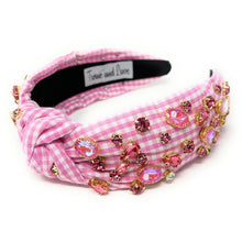 Load image into Gallery viewer, gingham Knot headband, pink knot headband, pink knotted headband, pink color accessories, pink knot headband, game day headband, game day knotted headband, baby pink headband, pink color hair band, pink gingham headbands, baby shower headband, white and pink knotted headband, baby shower knotted headband, game day hair accessories, light pink accessories, gingham headband, spring headband, Easter accessories, custom headband, handmade headbands, Easter knotted headband, best selling items