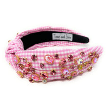 Load image into Gallery viewer, gingham Knot headband, pink knot headband, pink knotted headband, pink color accessories, pink knot headband, game day headband, game day knotted headband, baby pink headband, pink color hair band, pink gingham headbands, baby shower headband, white and pink knotted headband, baby shower knotted headband, game day hair accessories, light pink accessories, gingham headband, spring headband, Easter accessories, custom headband, handmade headbands, Easter knotted headband, best selling items